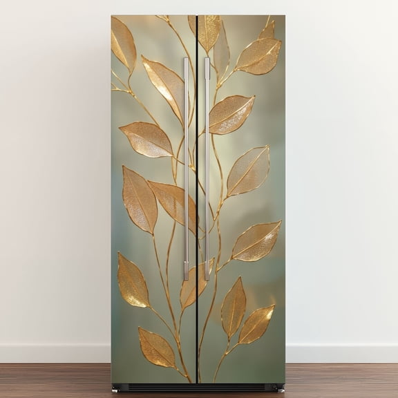 Self Adhesive Vinyl Refrigerator Wrap Set Gold Leaf Botanical Boho Metallic Floral Spring Elongated Door Mural Removable Fridge Sticker Peel and Stick&nbsp;Full Door Cover Decal Kitchen Bar Decor