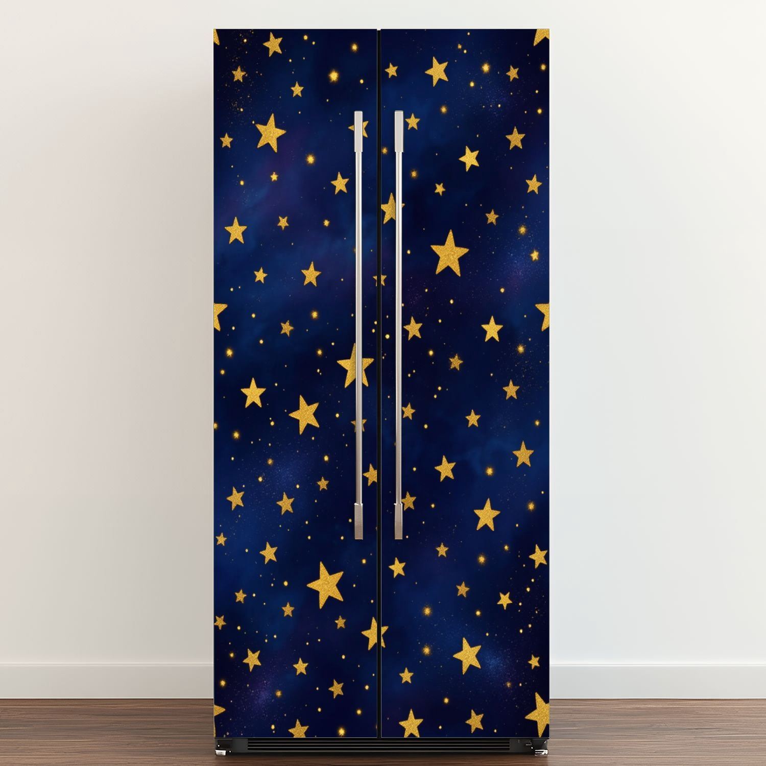 Self Adhesive Vinyl Refrigerator Wrap Set Golden Stars Deep Blue Night Sky Door Mural Removable Fridge Sticker Peel and Stick&nbsp;Full Door Cover Decal Kitchen Bar Decor