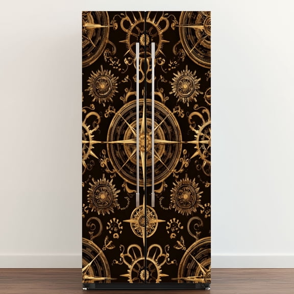 Self Adhesive Vinyl Refrigerator Wrap Set Golden Steampunk Gears Ornate Compass Dark Brown Door Mural Removable Fridge Sticker Peel and Stick Full Door Cover Decal Kitchen Bar Decor