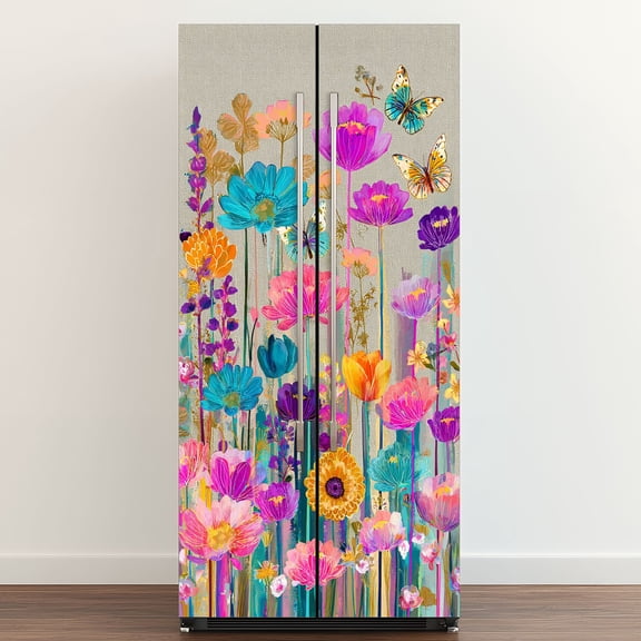 Self Adhesive Vinyl Refrigerator Wrap Set Golden Sunset Wildflower Watercolor bohemian vintage Door Mural Removable Fridge Sticker Peel and Stick Full Door Cover Decal Kitchen Bar Decor