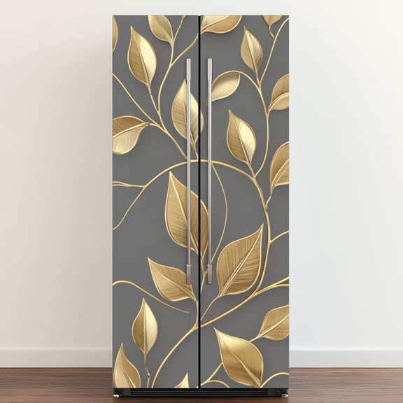 Self Adhesive Vinyl Refrigerator Wrap Set Golden Tree Branches Leaves Intertwining Branches Veined Door Mural Removable Fridge Sticker Peel and Stick Full Door Cover Decal Kitchen Bar Decor