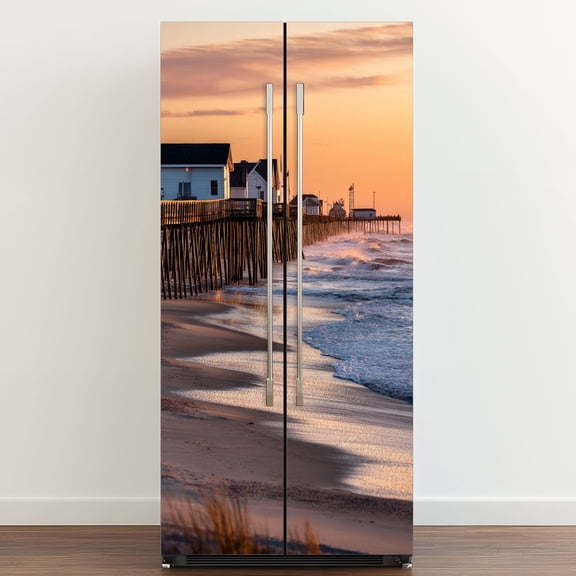 Self Adhesive Vinyl Refrigerator Wrap Set Gorgeous Beach Sunset Door Mural Removable Fridge Sticker Peel and Stick Full Door Cover Decal Kitchen Bar Decor