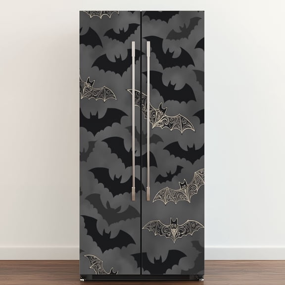 Self Adhesive Vinyl Refrigerator Wrap Set Gothic Bat Intricate Web Design Gray Door Mural Removable Fridge Sticker Peel and Stick Full Door Cover Decal Kitchen Bar Decor
