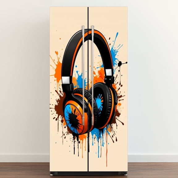 Self Adhesive Vinyl Refrigerator Wrap Set Graffiti Headphone Musical Theme Colorful Earphone Music Door Mural Removable Fridge Sticker Peel and Stick Full Door Cover Decal Kitchen Bar Decor