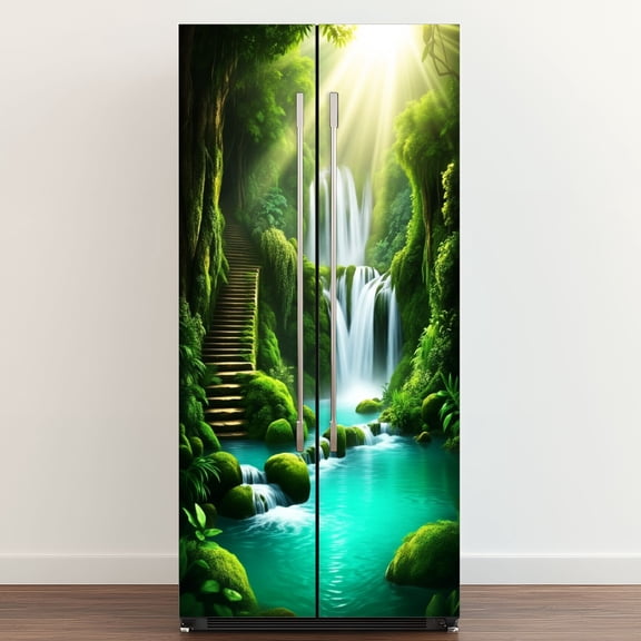 Self Adhesive Vinyl Refrigerator Wrap Set Green Forest Multi Tier Waterfall Stone Staircase Sunlit Door Mural Removable Fridge Sticker Peel and Stick Full Door Cover Decal Kitchen Bar Decor