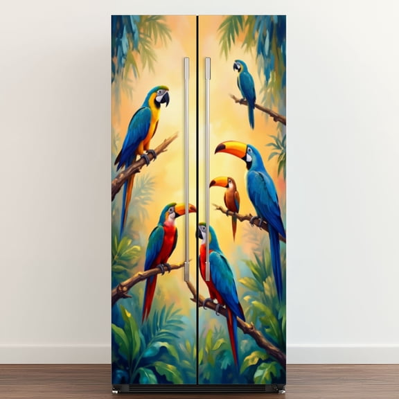 Self Adhesive Vinyl Refrigerator Wrap Set Green Paradise Toucans Parrots Door Mural Removable Fridge Sticker Peel and Stick Full Door Cover Decal Kitchen Bar Decor