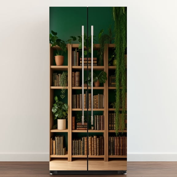 Self Adhesive Vinyl Refrigerator Wrap Set Green Plant Bookshelf Book Bookshelf Plant Potted Reading Door Mural Removable Fridge Sticker Peel and Stick Full Door Cover Decal Kitchen Bar Decor