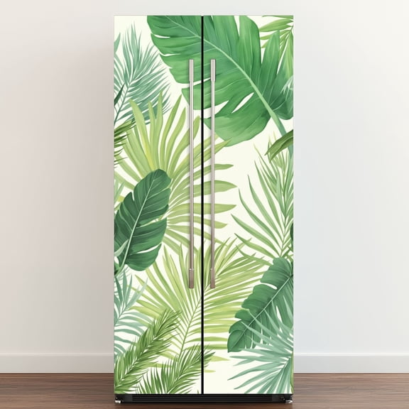 Self Adhesive Vinyl Refrigerator Wrap Set Green Tropical Leaf Palm Leaves Banana Leaves jungle Door Mural Removable Fridge Sticker Peel and Stick Full Door Cover Decal Kitchen Bar Decor