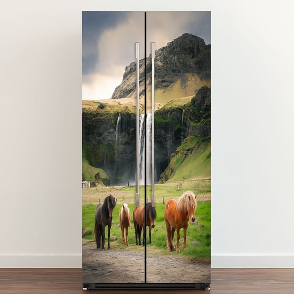 Self Adhesive Vinyl Refrigerator Wrap Set Group icelandic horses Seljalandsfoss waterfall Door Mural Removable Fridge Sticker Peel and Stick Full Door Cover Decal Kitchen Bar Decor