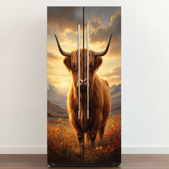 Self Adhesive Vinyl Refrigerator Wrap Set Highland Cow Autumn Meadow Sunset Mountain View Door Mural Removable Fridge Sticker Peel and Stick Full Door Cover Decal Kitchen Bar Decor