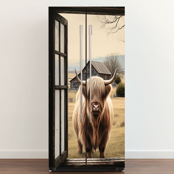 Self Adhesive Vinyl Refrigerator Wrap Set Highland Cow Rustic Window Country Barn Farmhouse Door Mural Removable Fridge Sticker Peel and Stick Full Door Cover Decal Kitchen Bar Decor