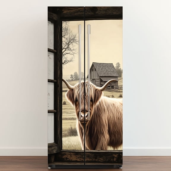 Self Adhesive Vinyl Refrigerator Wrap Set Highland Cow Rustic Window Country Barn Farmhouse Window Door Mural Removable Fridge Sticker Peel and Stick Full Door Cover Decal Kitchen Bar Decor
