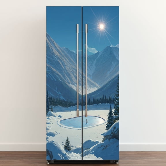 Self Adhesive Vinyl Refrigerator Wrap Set Hockey Mountains Door Mural Removable Fridge Sticker Peel and Stick Full Door Cover Decal Kitchen Bar Decor