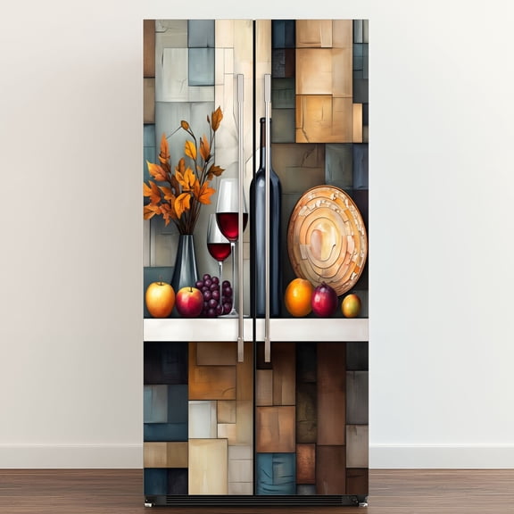 Self Adhesive Vinyl Refrigerator Wrap Set Home Bar Wine Glass Barbecue Corner Wine Bottle Door Mural Removable Fridge Sticker Peel and Stick Full Door Cover Decal Kitchen Bar Decor