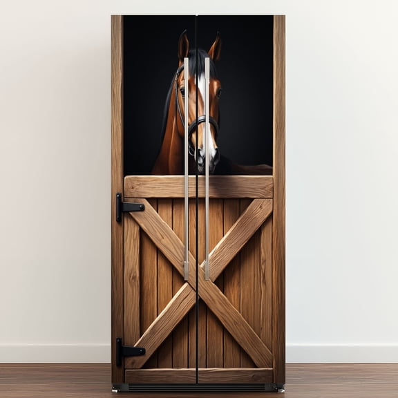 Self Adhesive Vinyl Refrigerator Wrap Set Horse Elegant Farmhouse Entrance Front Brown Door Mural Removable Fridge Sticker Peel and Stick Full Door Cover Decal Kitchen Bar Decor