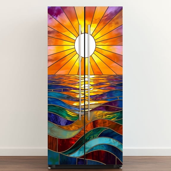 Self Adhesive Vinyl Refrigerator Wrap Set Illuminated Stained Glass Sunset Sea Scene Door Mural Removable Fridge Sticker Peel and Stick&nbsp;Full Door Cover Decal Kitchen Bar Decor