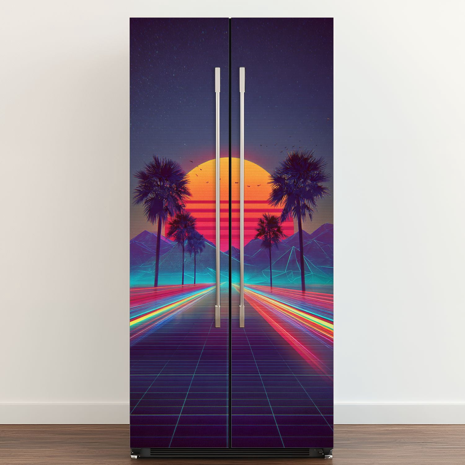 Self Adhesive Vinyl Refrigerator Wrap Set Inspired by 80s Scene wave retrowave music Door Mural Removable Fridge Sticker Peel and Stick&nbsp;Full Door Cover Decal Kitchen Bar Decor