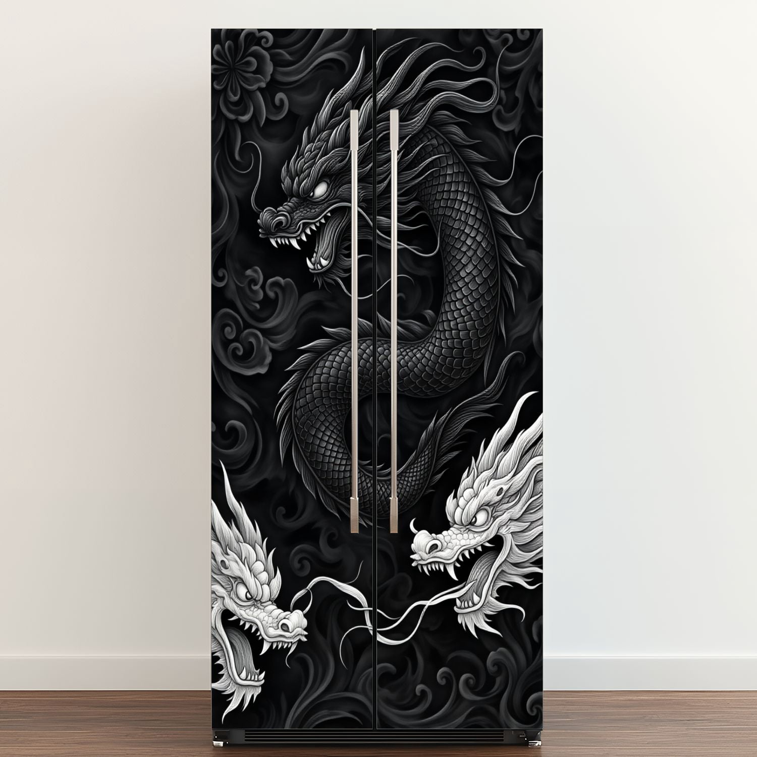 Self Adhesive Vinyl Refrigerator Wrap Set Intricate Black White Dragon Patterns Floral Details Door Mural Removable Fridge Sticker Peel and Stick&nbsp;Full Door Cover Decal Kitchen Bar Decor