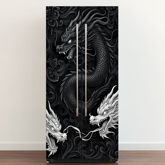 Self Adhesive Vinyl Refrigerator Wrap Set Intricate Black White Dragon Patterns Floral Details Door Mural Removable Fridge Sticker Peel and Stick Full Door Cover Decal Kitchen Bar Decor