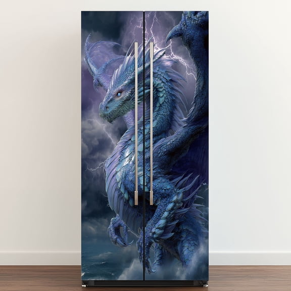 Self Adhesive Vinyl Refrigerator Wrap Set Iridescent Dragon Glowing Eyes Storm Magical Door Mural Removable Fridge Sticker Peel and Stick Full Door Cover Decal Kitchen Bar Decor