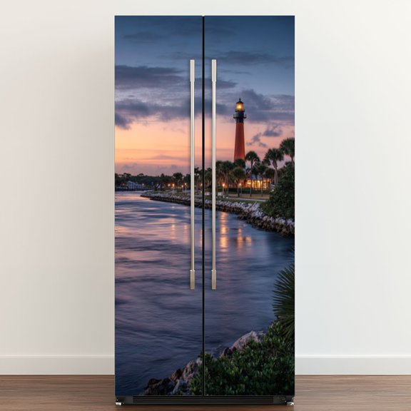 Self Adhesive Vinyl Refrigerator Wrap Set Jupiter Inlet Light House Door Mural Removable Fridge Sticker Peel and Stick Full Door Cover Decal Kitchen Bar Decor