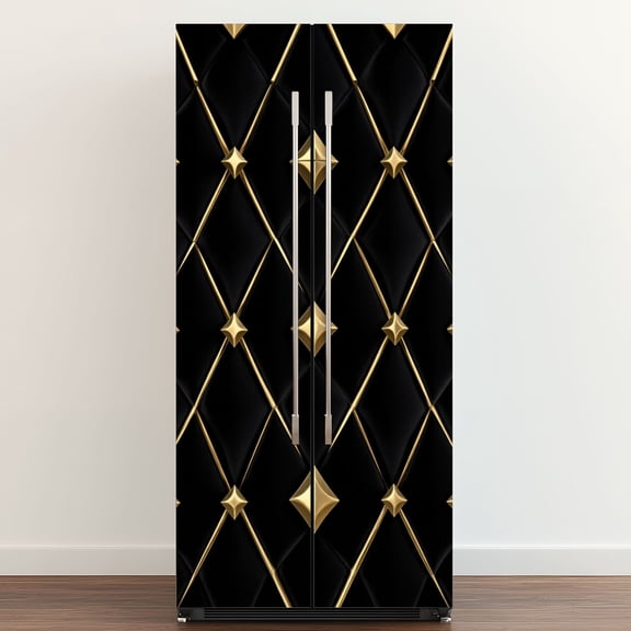Self Adhesive Vinyl Refrigerator Wrap Set Lattice Powder Room Gold Lines Black Interlocking Squares Door Mural Removable Fridge Sticker Peel and Stick&nbsp;Full Door Cover Decal Kitchen Bar Decor