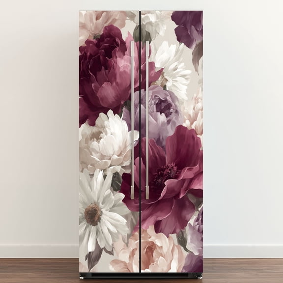 Self Adhesive Vinyl Refrigerator Wrap Set Lavish Rose Daisy Soft Morning Boho Watercolor vintage Door Mural Removable Fridge Sticker Peel and Stick Full Door Cover Decal Kitchen Bar Decor
