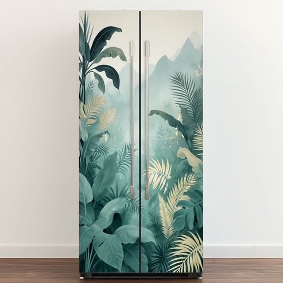 Self Adhesive Vinyl Refrigerator Wrap Set Leaves Nature Botanical Plants Palm Abstract Tropical Leaves Door Mural Removable Fridge Sticker Peel and Stick Full Door Cover Decal Kitchen Bar Decor