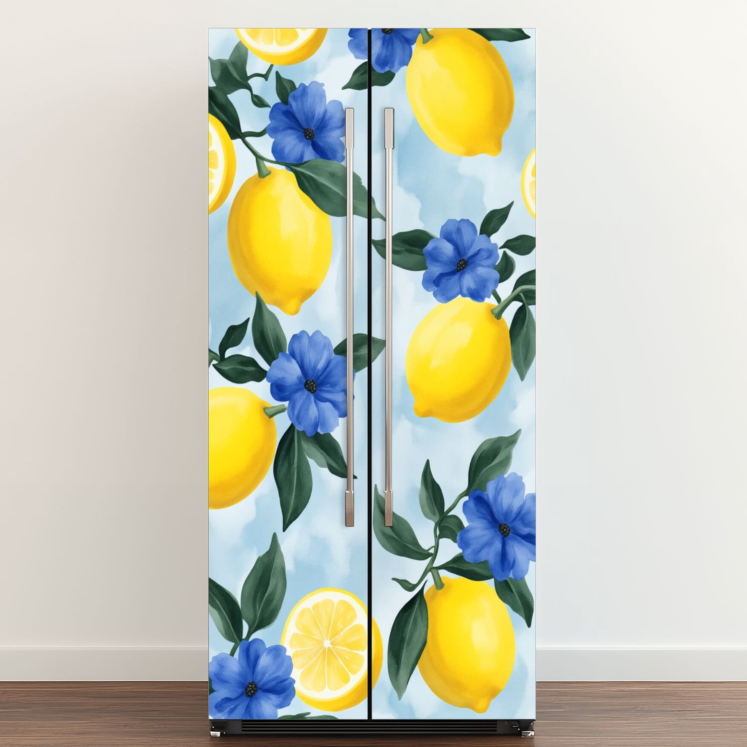 Self Adhesive Vinyl Refrigerator Wrap Set Lemon Blue Flower Fresh Green Leaves Soft Blue Door Mural Removable Fridge Sticker Peel and Stick&nbsp;Full Door Cover Decal Kitchen Bar Decor