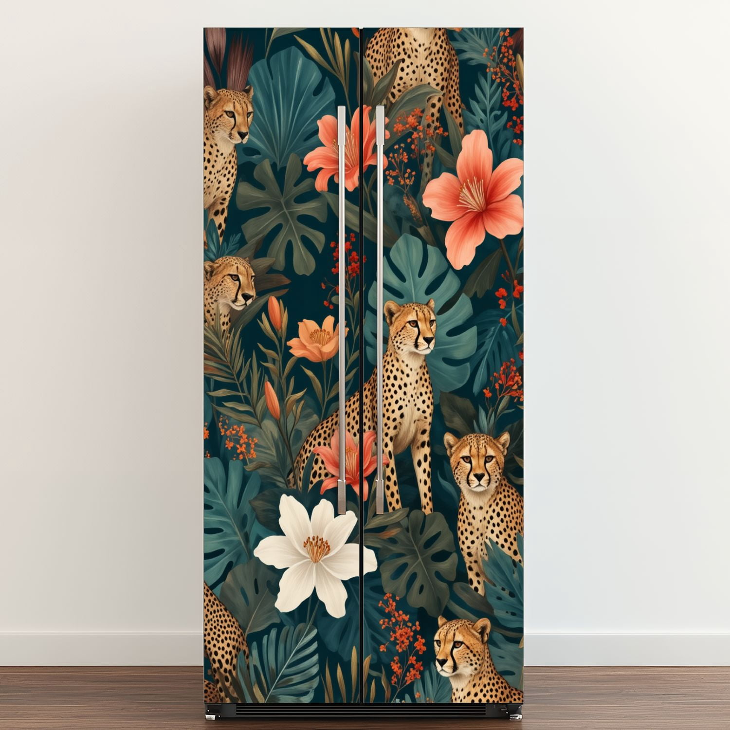 Self Adhesive Vinyl Refrigerator Wrap Set Leopard Floral Tropical Leaves Vibrant Flowers Door Mural Removable Fridge Sticker Peel and Stick&nbsp;Full Door Cover Decal Kitchen Bar Decor