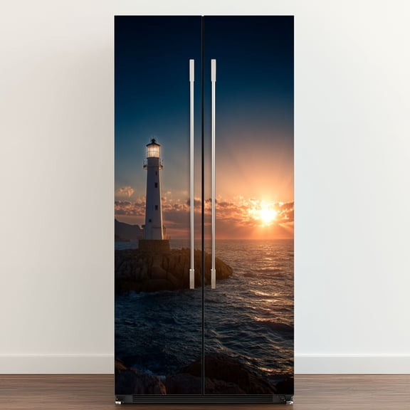 Self Adhesive Vinyl Refrigerator Wrap Set Lighthouse sunset Door Mural Removable Fridge Sticker Peel and Stick Full Door Cover Decal Kitchen Bar Decor