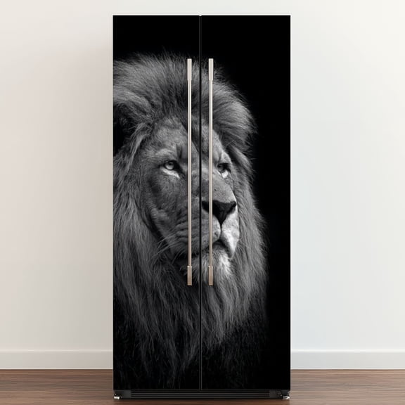 Self Adhesive Vinyl Refrigerator Wrap Set Lion Black white head shot an adult Lion Door Mural Removable Fridge Sticker Peel and Stick Full Door Cover Decal Kitchen Bar Decor