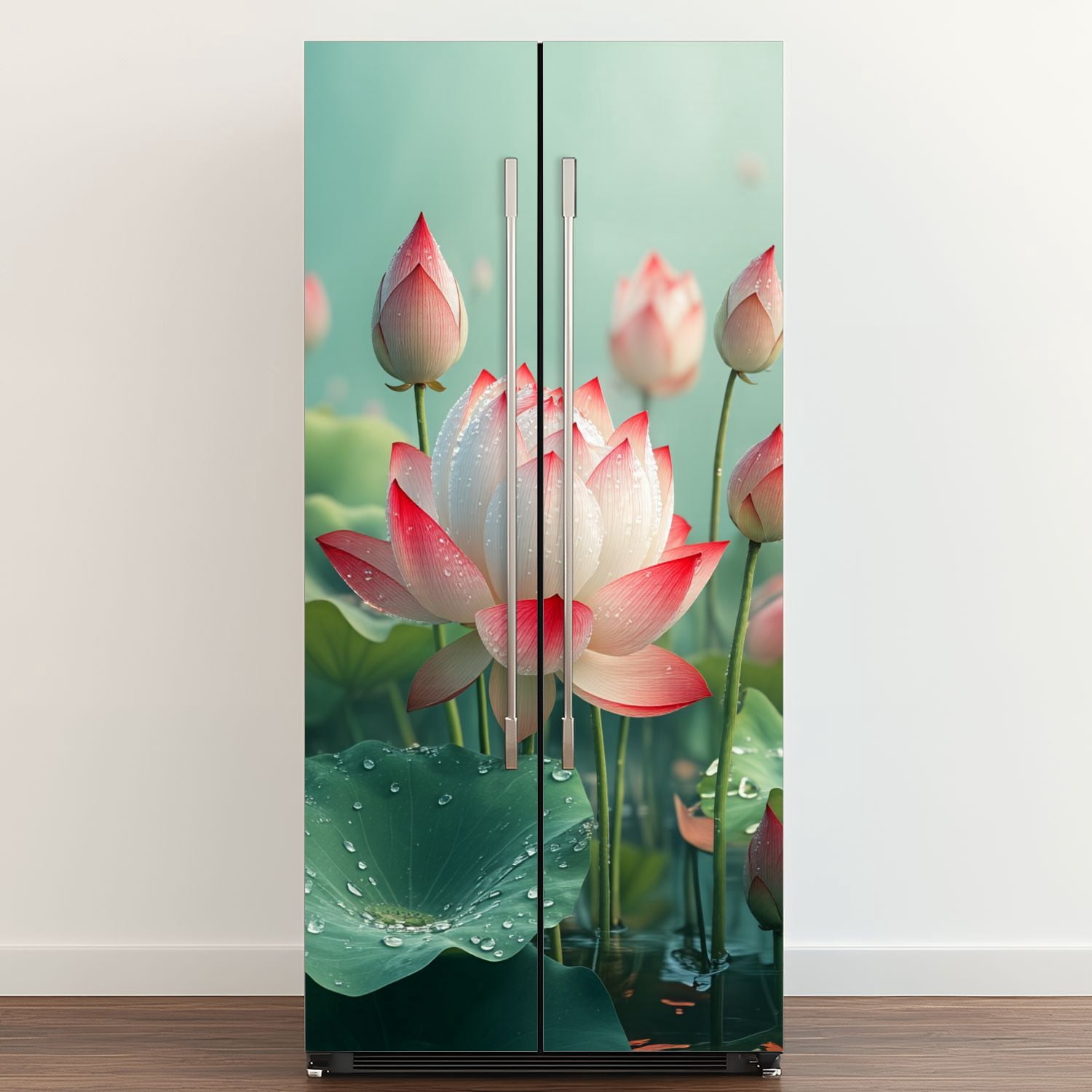 Self Adhesive Vinyl Refrigerator Wrap Set Lotus Flower Bloom Pink White Spiritual Calm Water Garden Door Mural Removable Fridge Sticker Peel and Stick&nbsp;Full Door Cover Decal Kitchen Bar Decor