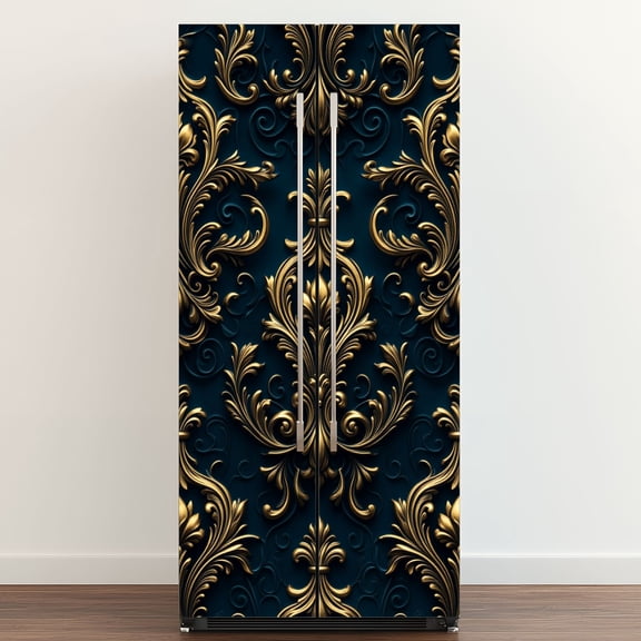 Self Adhesive Vinyl Refrigerator Wrap Set Luxurious Baroque Floral Deep Blue Gold Embossed Style Door Mural Removable Fridge Sticker Peel and Stick Full Door Cover Decal Kitchen Bar Decor
