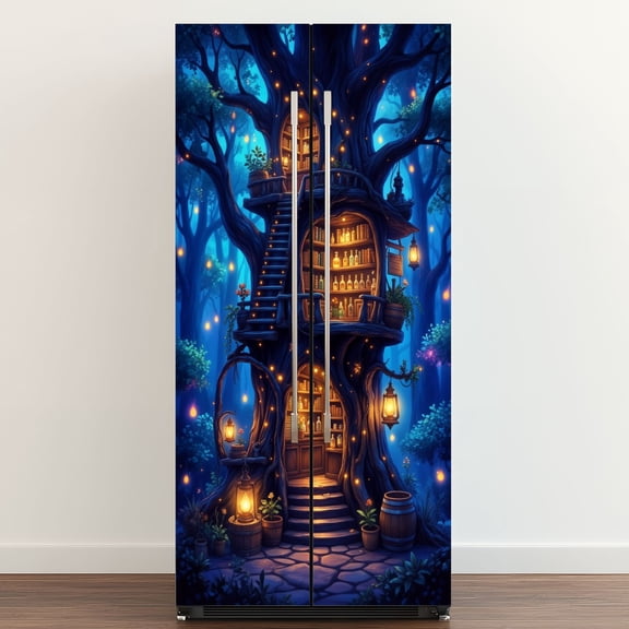 Self Adhesive Vinyl Refrigerator Wrap Set Magical Forest Library Shop Built into Ancient Tree Door Mural Removable Fridge Sticker Peel and Stick Full Door Cover Decal Kitchen Bar Decor