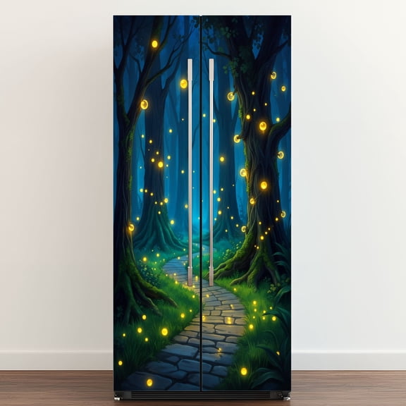 Self Adhesive Vinyl Refrigerator Wrap Set Magical Forest Pathway Glowing Fireflies Greenery Door Mural Removable Fridge Sticker Peel and Stick&nbsp;Full Door Cover Decal Kitchen Bar Decor