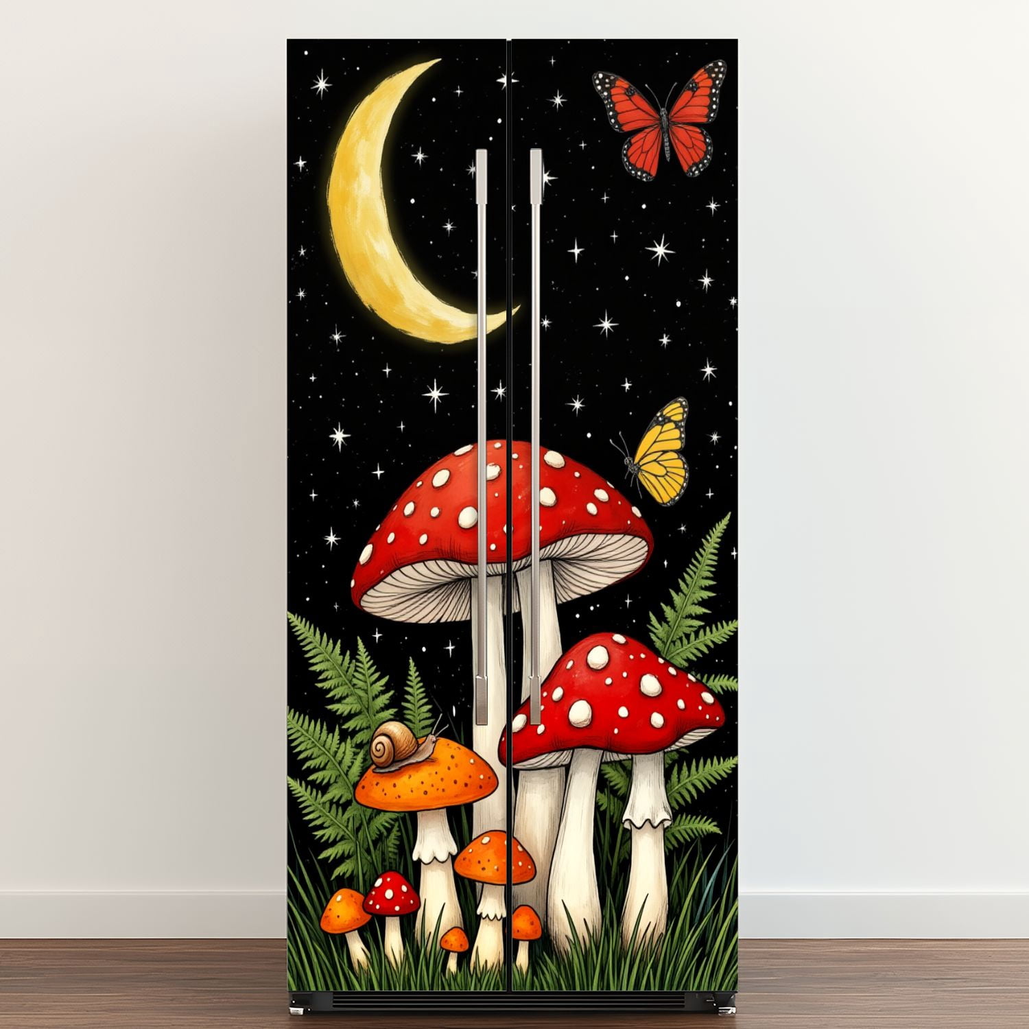 Self Adhesive Vinyl Refrigerator Wrap Set Magical Forest Red Mushrooms Crescent Moon Butterflies Boho Door Mural Removable Fridge Sticker Peel and Stick&nbsp;Full Door Cover Decal Kitchen Bar Decor