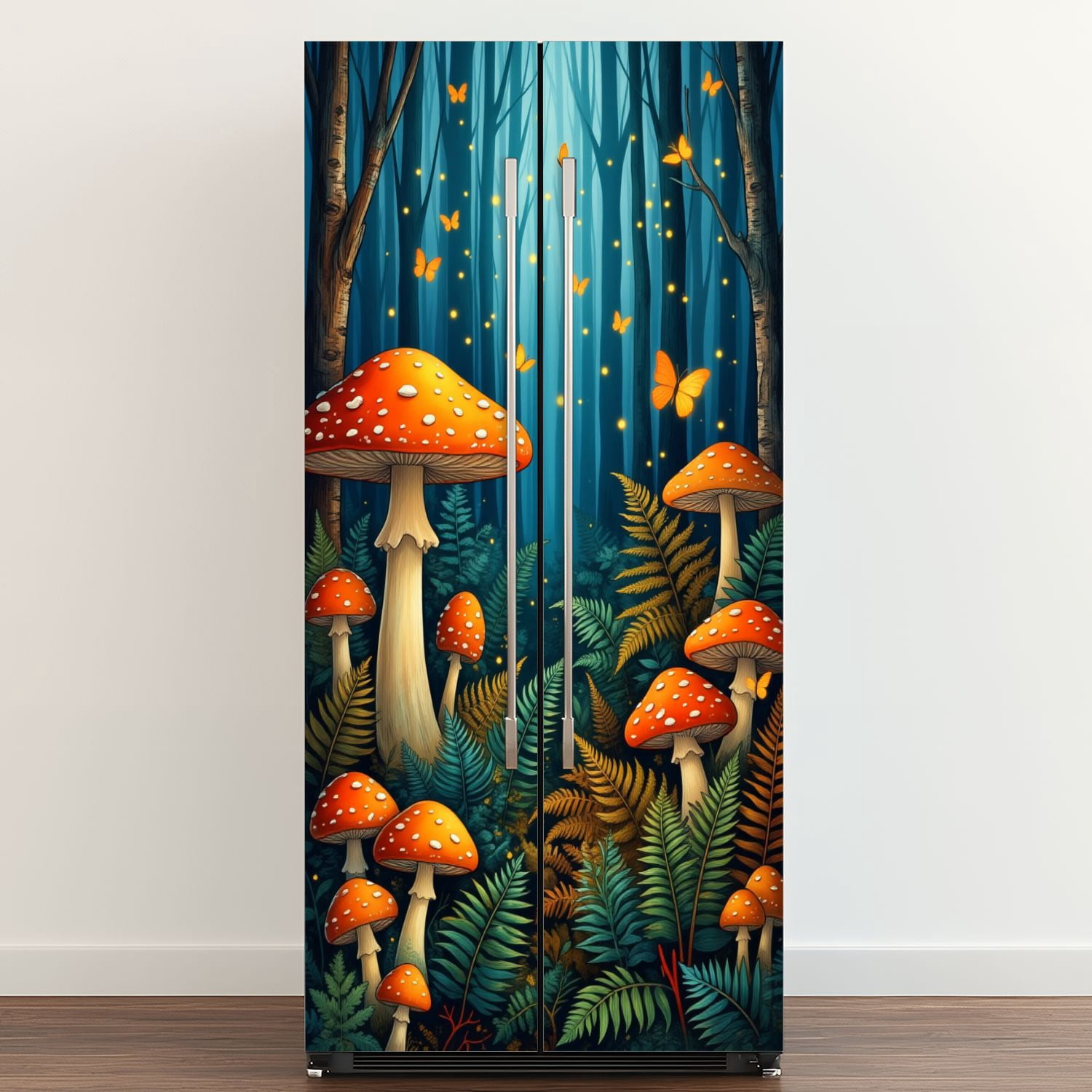 Self Adhesive Vinyl Refrigerator Wrap Set Magical Forest Vibrant Red Mushrooms Butterflies Botanical Door Mural Removable Fridge Sticker Peel and Stick&nbsp;Full Door Cover Decal Kitchen Bar Decor