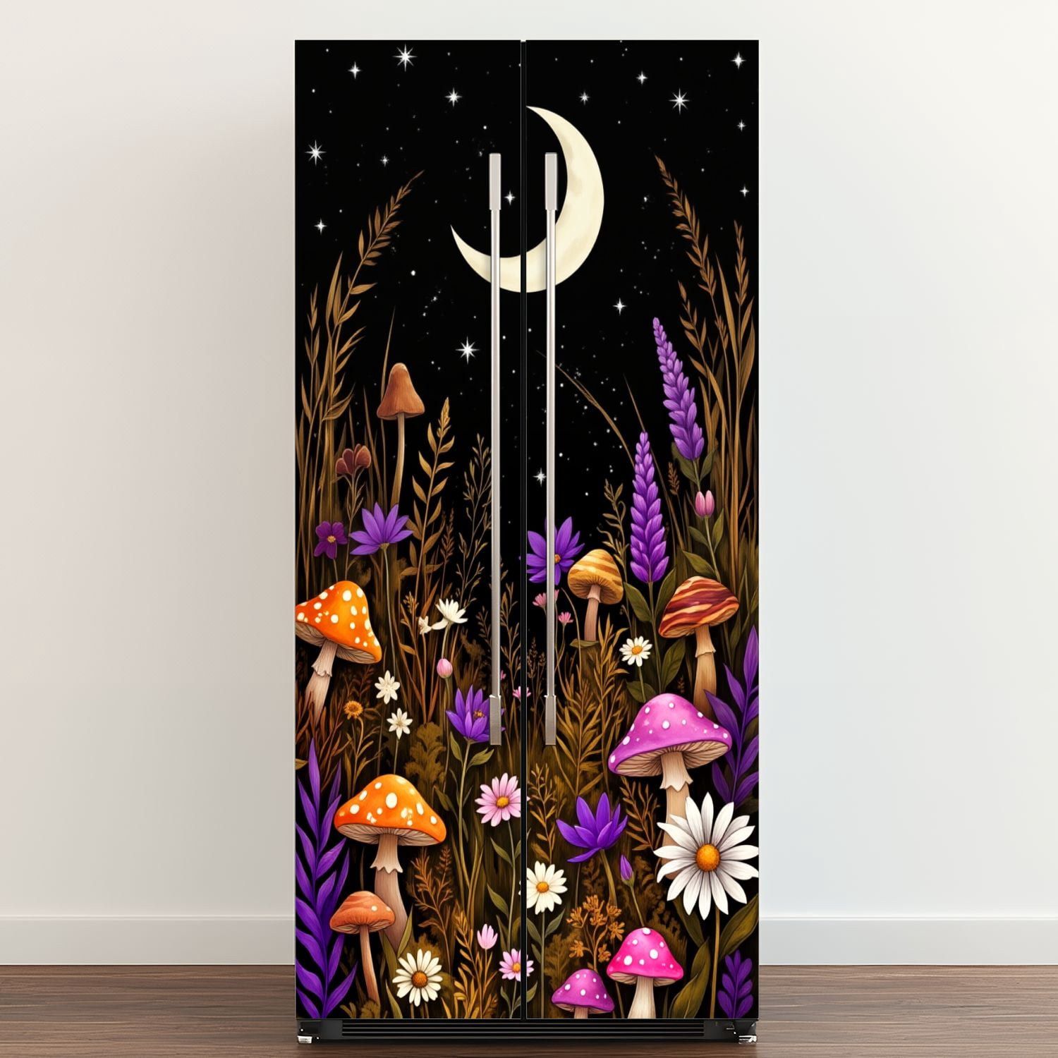 Self Adhesive Vinyl Refrigerator Wrap Set Magical Mushroom Forest Crescent Moon Starry Sky Botanical Door Mural Removable Fridge Sticker Peel and Stick&nbsp;Full Door Cover Decal Kitchen Bar Decor