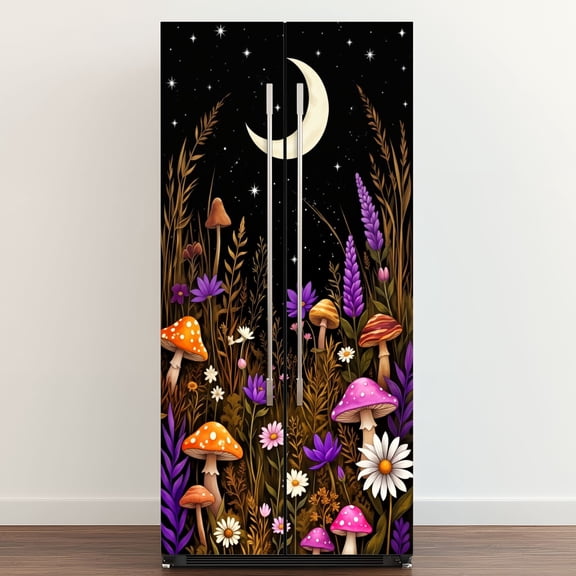 Self Adhesive Vinyl Refrigerator Wrap Set Magical Mushroom Forest Crescent Moon Starry Sky Botanical Door Mural Removable Fridge Sticker Peel and Stick Full Door Cover Decal Kitchen Bar Decor