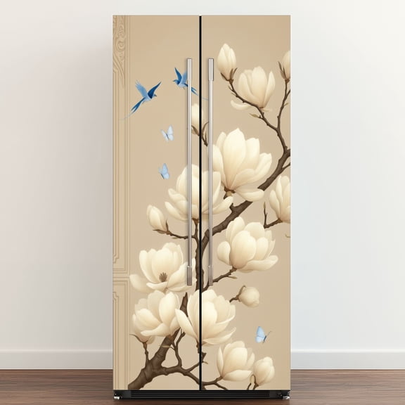 Self Adhesive Vinyl Refrigerator Wrap Set Magnolia Blossoms Branch Blue Butterflies vintage botanical Door Mural Removable Fridge Sticker Peel and Stick Full Door Cover Decal Kitchen Bar Decor