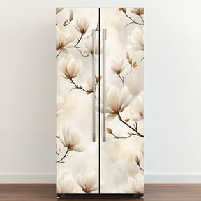Self Adhesive Vinyl Refrigerator Wrap Set Magnolia Flower Blossoms Soft Beige vintage botanical Door Mural Removable Fridge Sticker Peel and Stick Full Door Cover Decal Kitchen Bar Decor