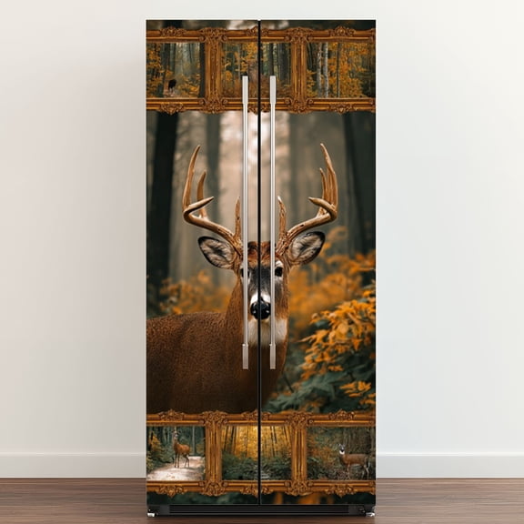 Self Adhesive Vinyl Refrigerator Wrap Set Majestic Deer Autumn Forest Scenic Landscape Hunting Door Mural Removable Fridge Sticker Peel and Stick Full Door Cover Decal Kitchen Bar Decor