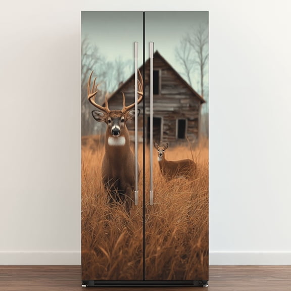 Self Adhesive Vinyl Refrigerator Wrap Set Majestic Deer Pair Golden Field Rustic House Birds Hunting Door Mural Removable Fridge Sticker Peel and Stick&nbsp;Full Door Cover Decal Kitchen Bar Decor