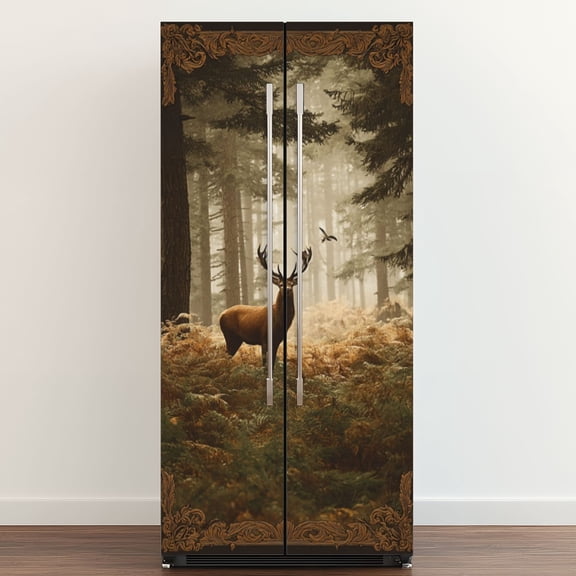 Self Adhesive Vinyl Refrigerator Wrap Set Majestic Deer Serene Forest Vintage Framing Hunting Door Mural Removable Fridge Sticker Peel and Stick&nbsp;Full Door Cover Decal Kitchen Bar Decor