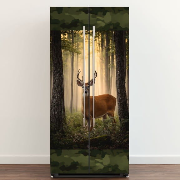Self Adhesive Vinyl Refrigerator Wrap Set Majestic Deer Sunlit Forest Camouflage Border Hunting Door Mural Removable Fridge Sticker Peel and Stick&nbsp;Full Door Cover Decal Kitchen Bar Decor