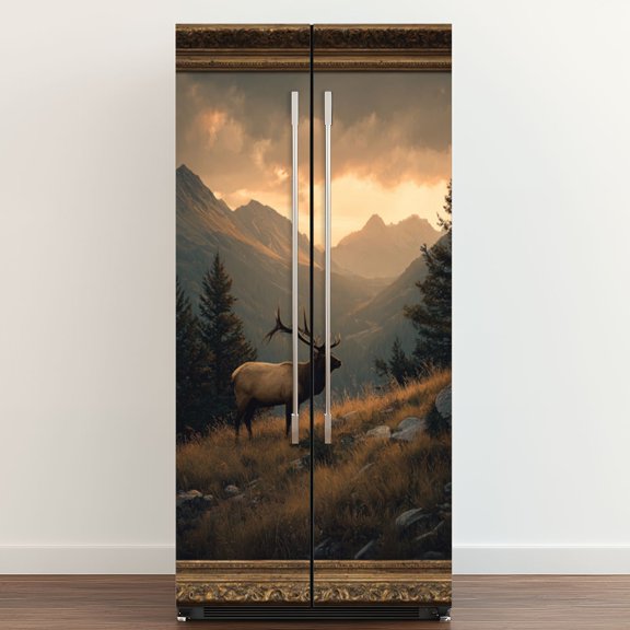 Self Adhesive Vinyl Refrigerator Wrap Set Majestic Elk Standing Serene Mountain Landscape Sunset Door Mural Removable Fridge Sticker Peel and Stick Full Door Cover Decal Kitchen Bar Decor