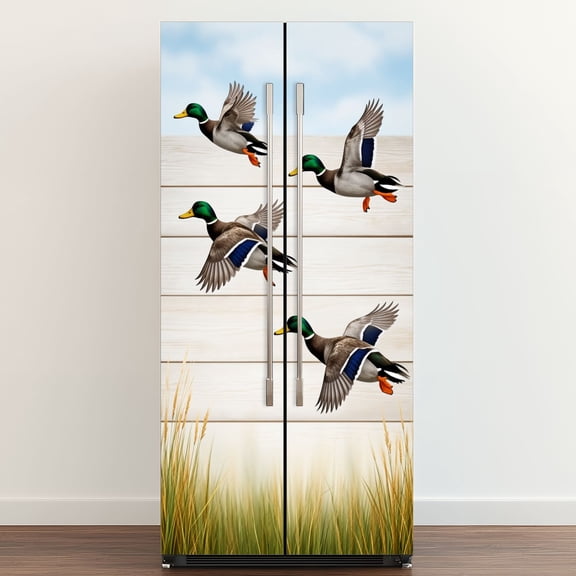 Self Adhesive Vinyl Refrigerator Wrap Set Mallard Ducks Duck Rustic Wildlife Farmhouse Hunting Nature Door Mural Removable Fridge Sticker Peel and Stick&nbsp;Full Door Cover Decal Kitchen Bar Decor