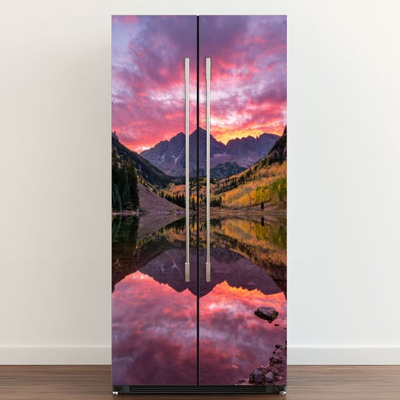 Self Adhesive Vinyl Refrigerator Wrap Set Maroon Bells autumn aspen trees lake reflections Aspen Door Mural Removable Fridge Sticker Peel and Stick&nbsp;Full Door Cover Decal Kitchen Bar Decor