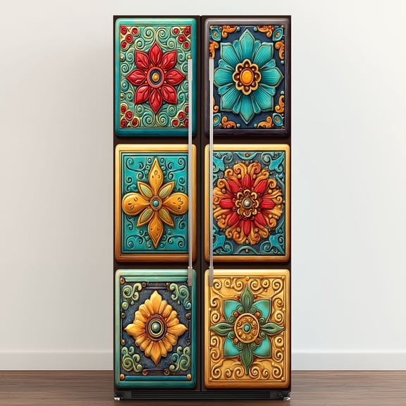 Self Adhesive Vinyl Refrigerator Wrap Set Mexican talavera ceramic tile Ethnic folk ornament Italian Door Mural Removable Fridge Sticker Peel and Stick Full Door Cover Decal Kitchen Bar Decor